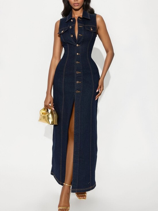 Dresses & Skirts - A stylish denim maxi dress in a deep navy blue color that has a fitted silhouett